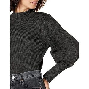 Cable Stitch Women's Ribbed Sweater Small- Mock Neck Cable Lantern Sleeve Gray